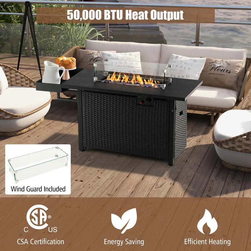 52" 50,000 BTU Outdoor Wicker Gas Fire Pit Propane Fire Table with Waterproof Cover, Wind Guard & Extended Storage Shelf for Patio Backyard