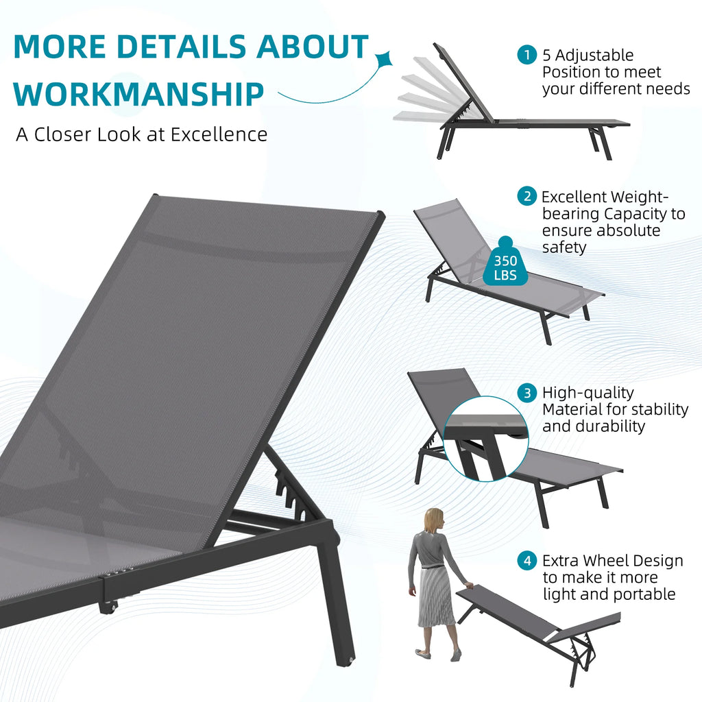 AECOJOY Patio Lounge Chairs, Outdoor Chaise Lounge with Wheels, Dark Grey, 4PCS