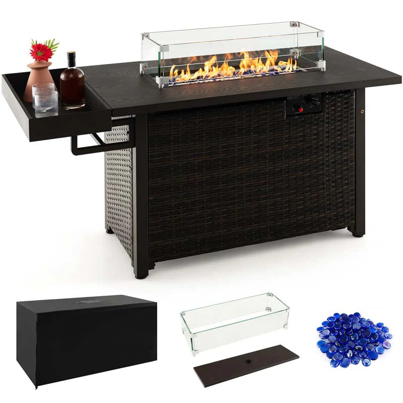 52" 50,000 BTU Outdoor Wicker Gas Fire Pit Propane Fire Table with Waterproof Cover, Wind Guard & Extended Storage Shelf for Patio Backyard
