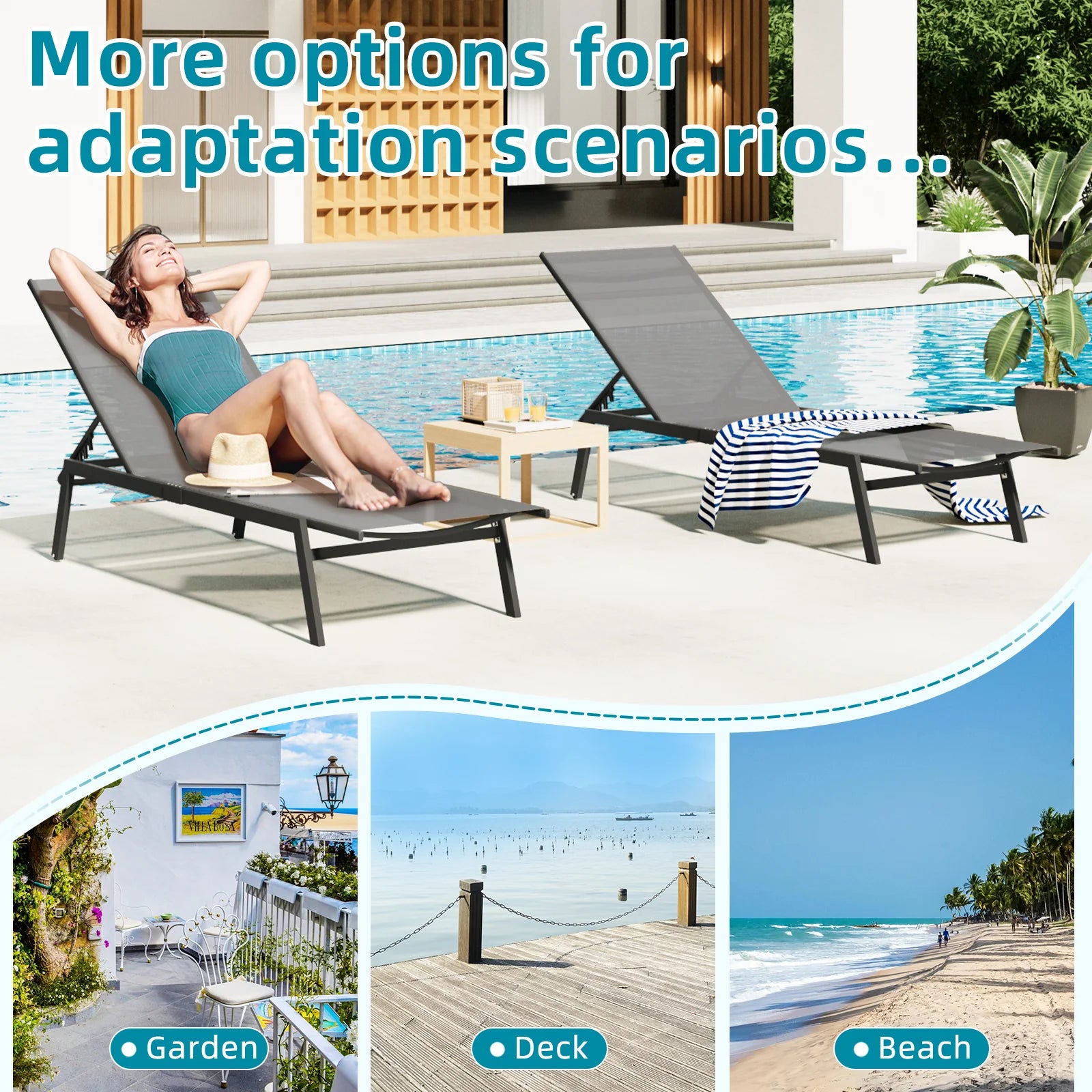 AECOJOY Patio Lounge Chairs, Outdoor Chaise Lounge with Wheels, Dark Grey, 4PCS