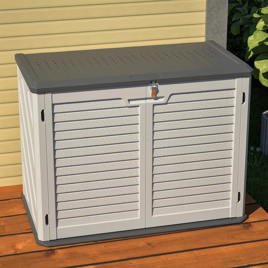 AECOJOY Horizontal Storage Shed Weather Resistance, Lockable Outdoor Storage Cabinet – 28 Cu.ft, Ivory White