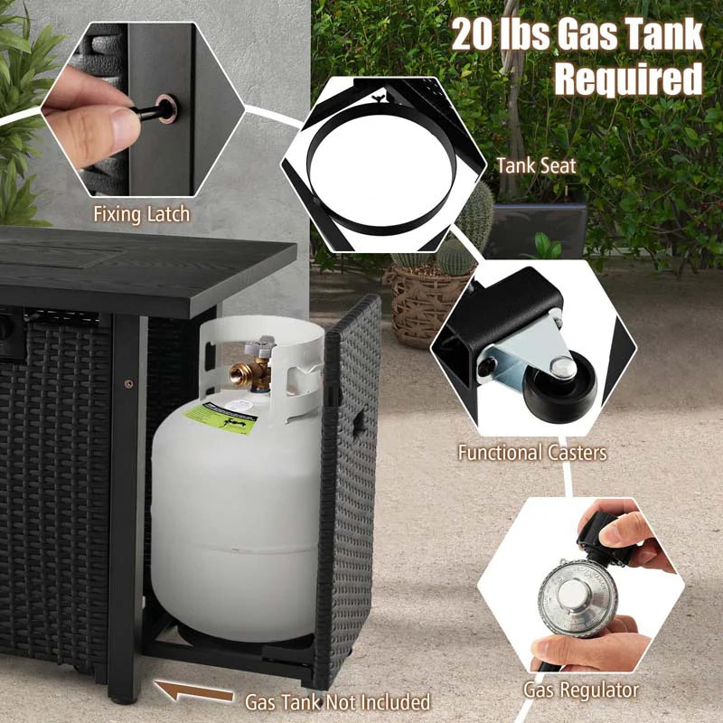 52" 50,000 BTU Outdoor Wicker Gas Fire Pit Propane Fire Table with Waterproof Cover, Wind Guard & Extended Storage Shelf for Patio Backyard