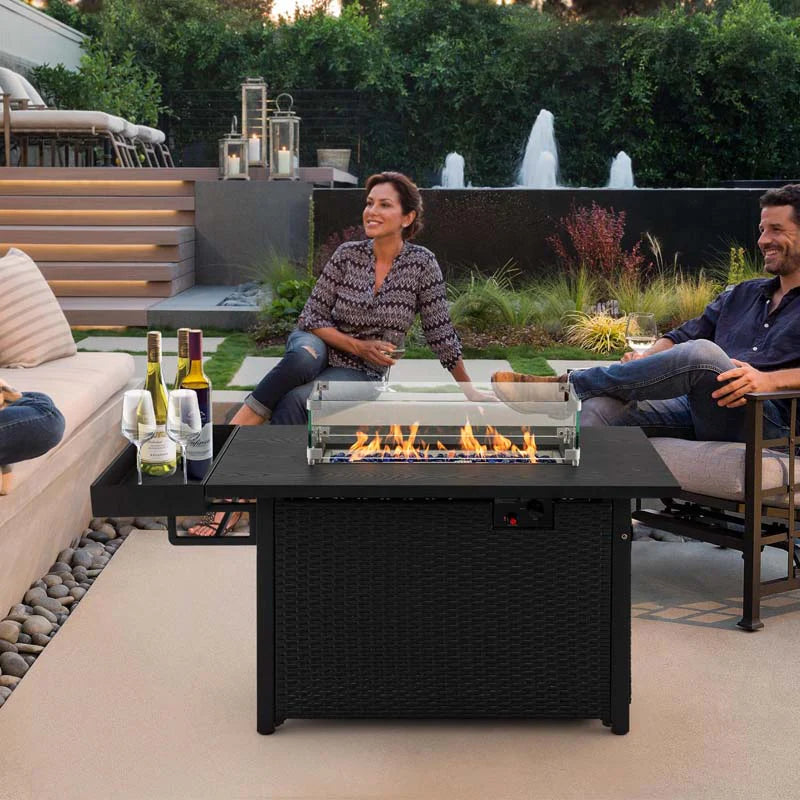 52" 50,000 BTU Outdoor Wicker Gas Fire Pit Propane Fire Table with Waterproof Cover, Wind Guard & Extended Storage Shelf for Patio Backyard
