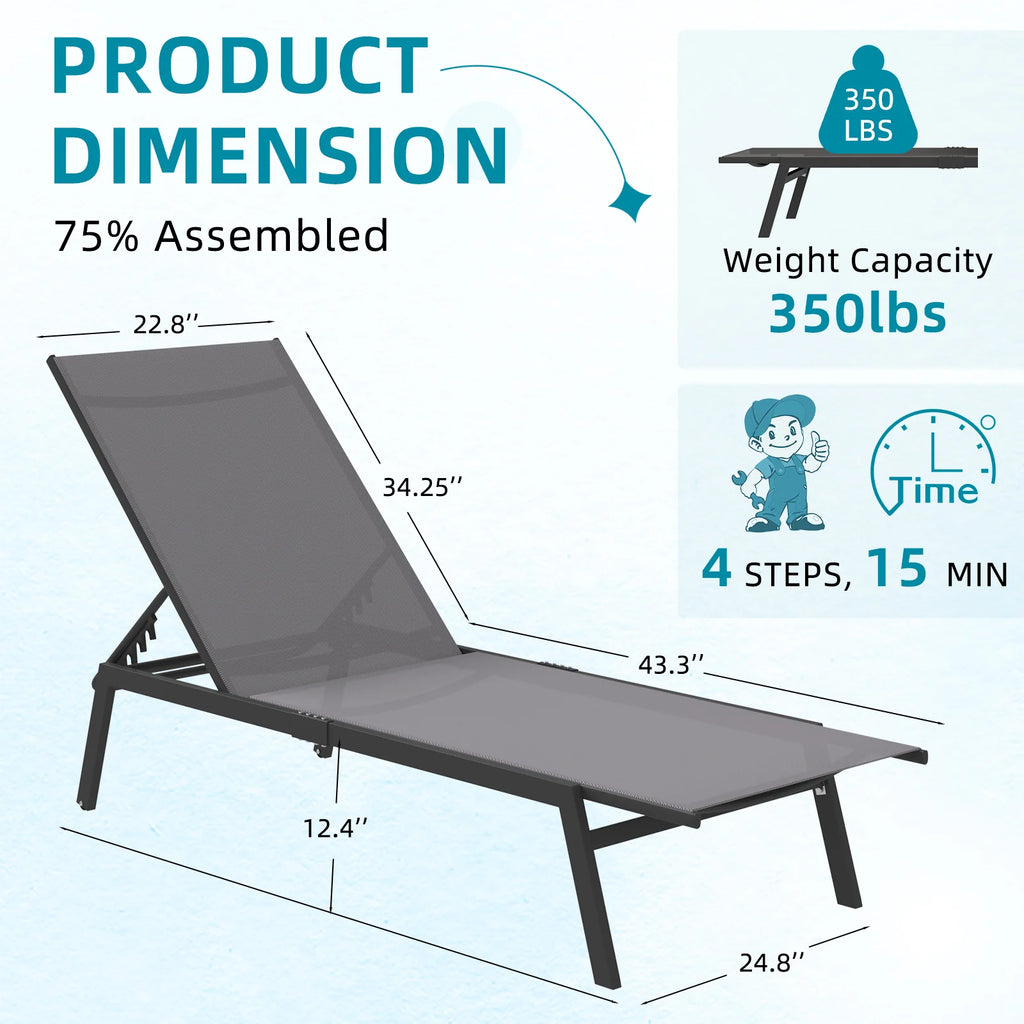 AECOJOY Patio Lounge Chairs, Outdoor Chaise Lounge with Wheels, Dark Grey, 4PCS